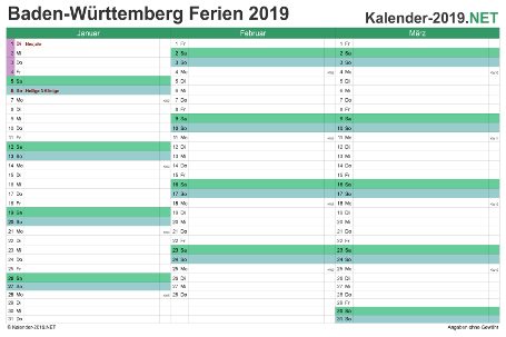 Quartalskalender mit Ferien Baden-Württemberg 2019 Vorschau