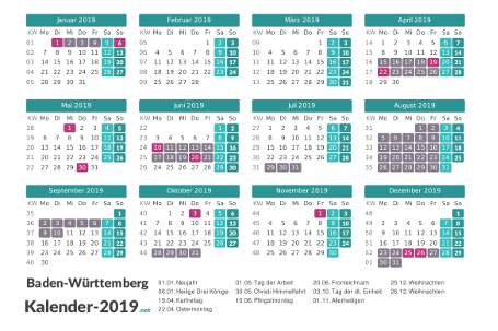 Kalender mit Ferien Baden-Württemberg 2019 Vorschau