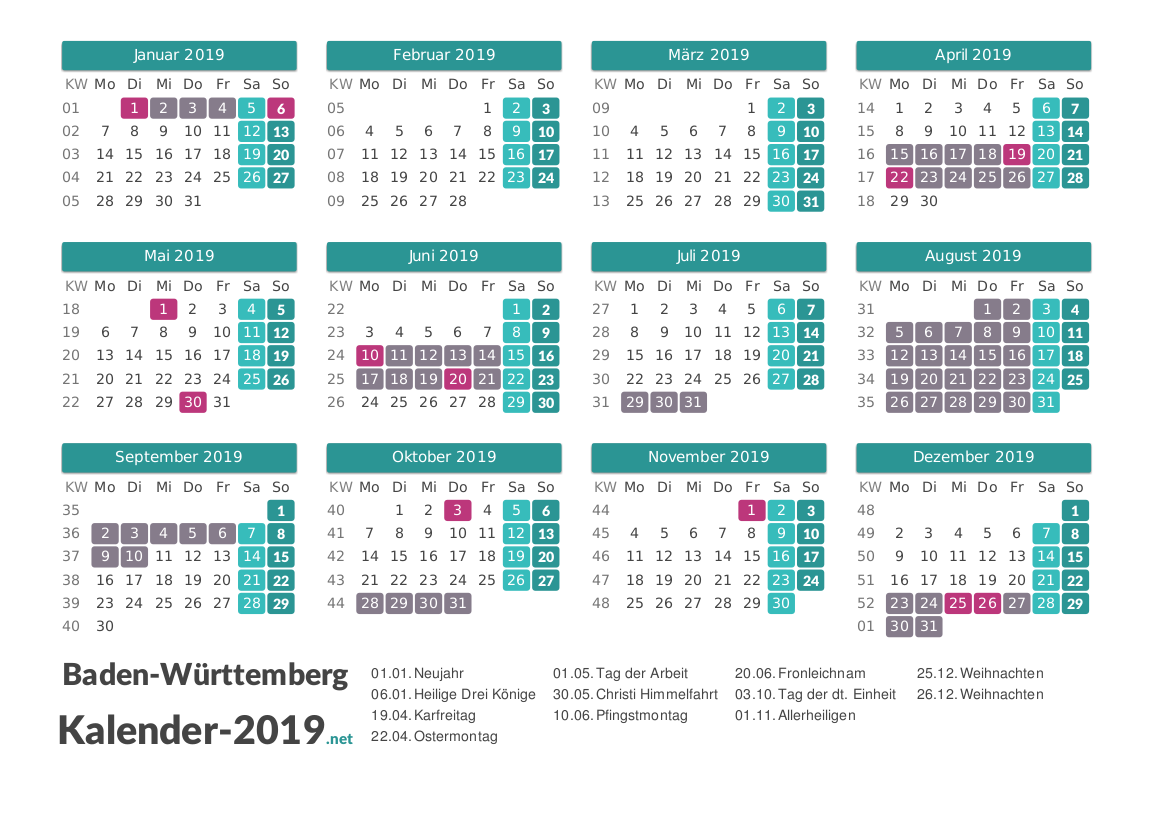 Kalender 2019 Mit Ferien Baden Wurttemberg Zum Ausdrucken