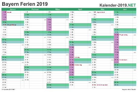 Vorschau EXCEL-Halbjahreskalender 2019 mit den Ferien Bayern