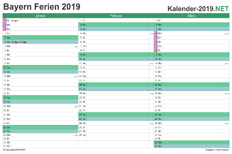 Quartalskalender mit Ferien Bayern 2019 Vorschau