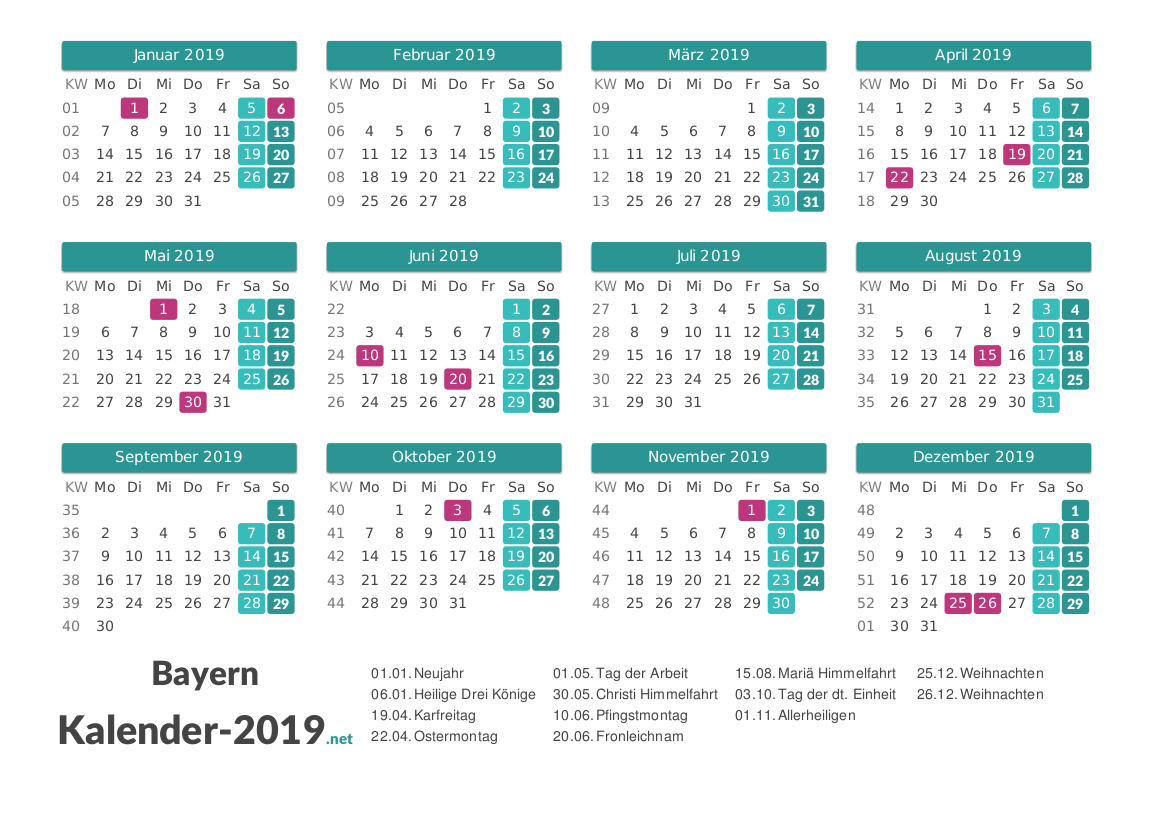 Kalender 2019 Bayern Mit Ferien Und Feiertagen Zum ...