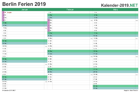 Quartalskalender mit Ferien Berlin 2019 Vorschau