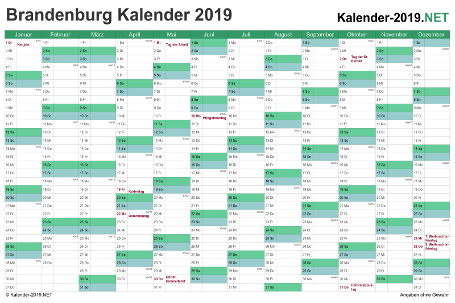 Vorschau Kalender 2019 für EXCEL mit Feiertagen Brandenburg