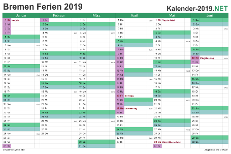Vorschau EXCEL-Halbjahreskalender 2019 mit den Ferien Bremen