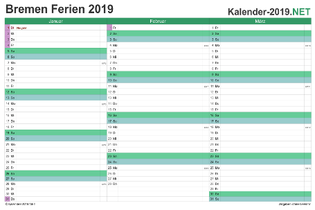Quartalskalender mit Ferien Bremen 2019 Vorschau