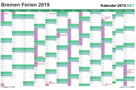 Vorschau EXCEL-Kalender 2019 mit den Ferien Bremen