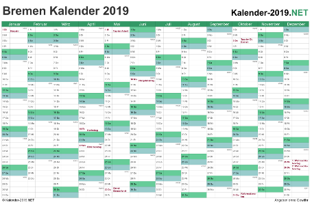 Vorschau Kalender 2019 für EXCEL mit Feiertagen Bremen