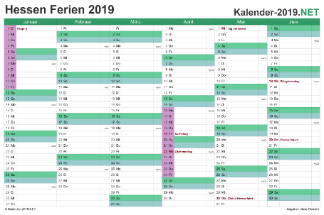 Halbjahreskalender mit Ferien Hessen 2019 Vorschau