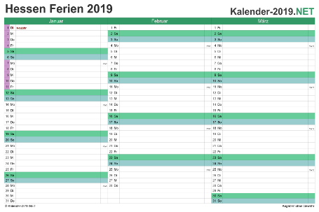 Quartalskalender mit Ferien Hessen 2019 Vorschau