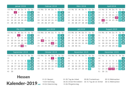 Hessen Kalender 2019 + Feiertage Vorschau
