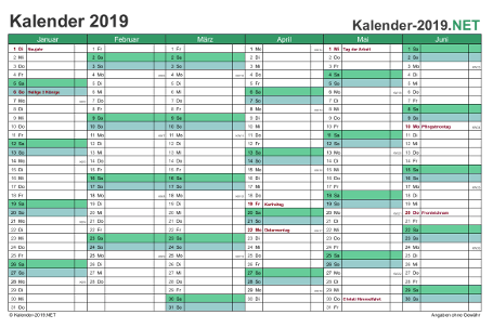 Vorschau Halbjahreskalender 2019 für EXCEL Deutschland