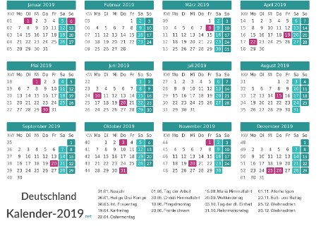 Kalender 2019 mit Feiertagen Vorschau