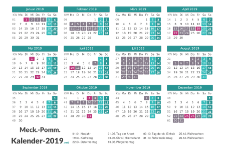 Kalender mit Ferien Meck-Pomm 2019 Vorschau