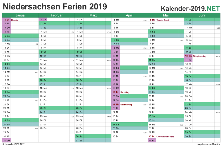 Vorschau EXCEL-Halbjahreskalender 2019 mit den Ferien Niedersachsen
