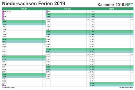 Quartalskalender mit Ferien Niedersachsen 2019 Vorschau