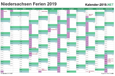 Kalender mit Ferien Niedersachsen 2019 Vorschau