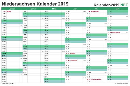 Vorschau Halbjahreskalender 2019 für EXCEL Niedersachsen