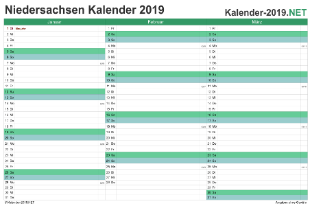 Vorschau Quartalskalender 2019 für EXCEL Niedersachsen