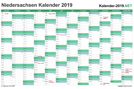 Vorschau Kalender 2019 für EXCEL mit Feiertagen Niedersachsen