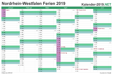 Vorschau EXCEL-Halbjahreskalender 2019 mit den Ferien Nordrhein-Westfalen