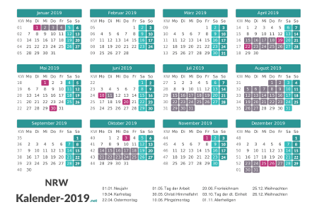Kalender mit Ferien Nordrhein-Westfalen 2019 Vorschau