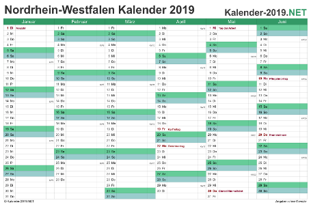 Vorschau Halbjahreskalender 2019 für EXCEL Nordrhein-Westfalen