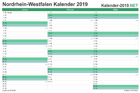 Vorschau Quartalskalender 2019 für EXCEL Nordrhein-Westfalen