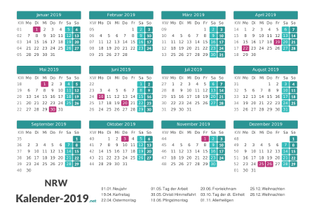 Nordrhein-Westfalen Kalender 2019 + Feiertage Vorschau