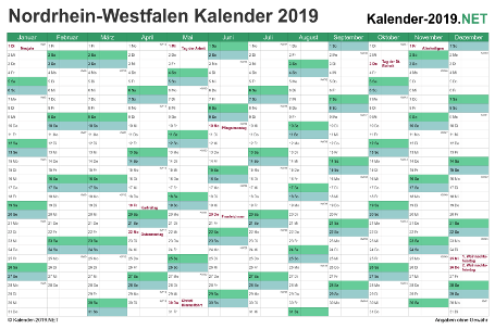 Vorschau Kalender 2019 für EXCEL mit Feiertagen Nordrhein-Westfalen