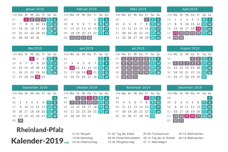 Kalender mit Ferien Rheinland-Pfalz 2019 Vorschau