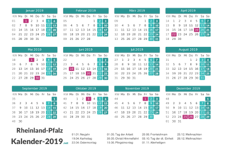 Rheinland-Pfalz Kalender 2019 + Feiertage Vorschau