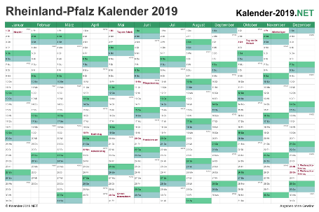 Vorschau Kalender 2019 für EXCEL mit Feiertagen Rheinland-Pfalz
