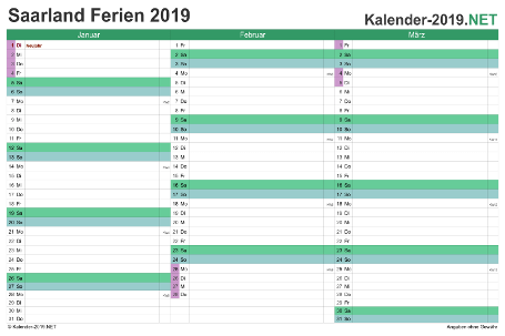 Quartalskalender mit Ferien Saarland 2019 Vorschau