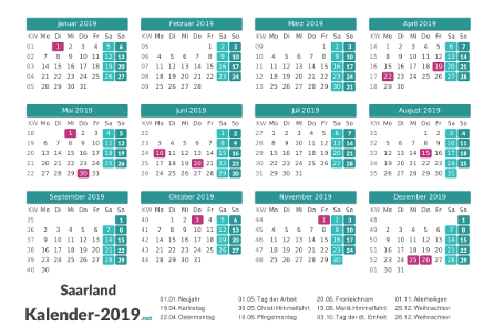 Saarland Kalender 2019 + Feiertage Vorschau
