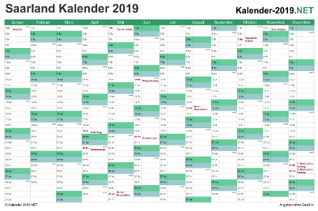 Vorschau Kalender 2019 für EXCEL mit Feiertagen Saarland