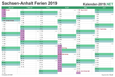 Halbjahreskalender mit Ferien Sachsen-Anhalt 2019 Vorschau