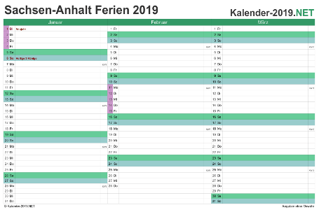 Quartalskalender mit Ferien Sachsen-Anhalt 2019 Vorschau