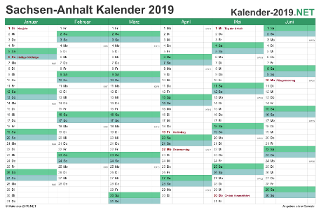 Vorschau Halbjahreskalender 2019 für EXCEL Sachsen-Anhalt