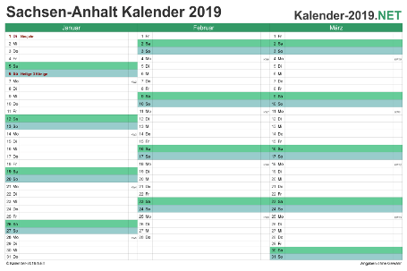 Vorschau Quartalskalender 2019 für EXCEL Sachsen-Anhalt