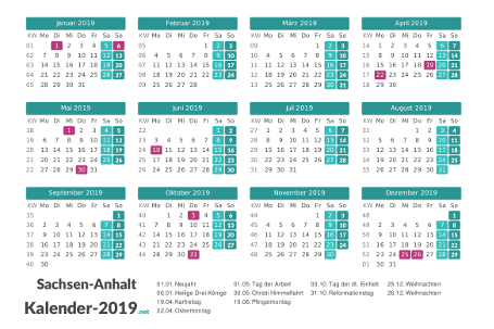 Sachsen-Anhalt Kalender 2019 + Feiertage Vorschau