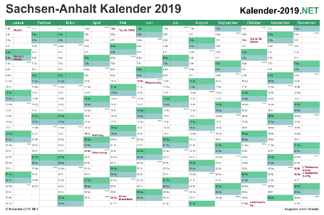 Vorschau Kalender 2019 für EXCEL mit Feiertagen Sachsen-Anhalt