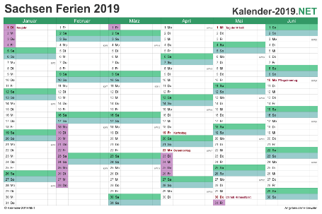 Halbjahreskalender mit Ferien Sachsen 2019 Vorschau