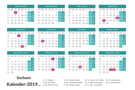 Sachsen Kalender 2019 + Feiertage Vorschau