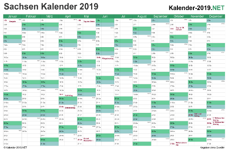 Vorschau Kalender 2019 für EXCEL mit Feiertagen Sachsen