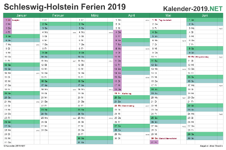 Halbjahreskalender mit Ferien Schleswig-Holstein 2019 Vorschau