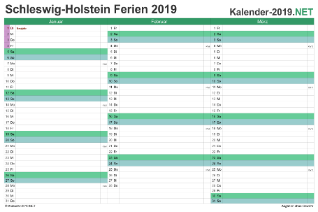 Vorschau EXCEL-Quartalskalender 2019 mit den Ferien Schleswig-Holstein