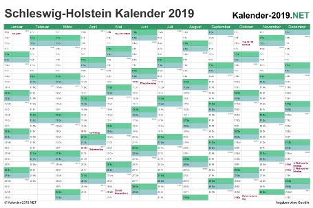 Vorschau Kalender 2019 für EXCEL mit Feiertagen Schleswig-Holstein