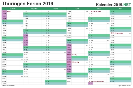 Halbjahreskalender mit Ferien Thüringen 2019 Vorschau
