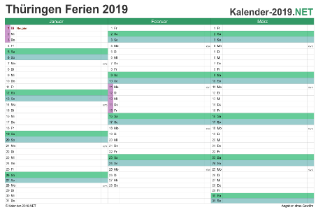 Quartalskalender mit Ferien Thüringen 2019 Vorschau